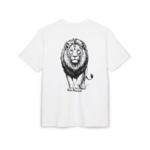 Weißes Unisex T-Shirt mit Löwen-Motiv auf dem Rücken