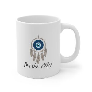 Weiße Keramiktasse mit Nazar-Auge-Motiv und Federdetails