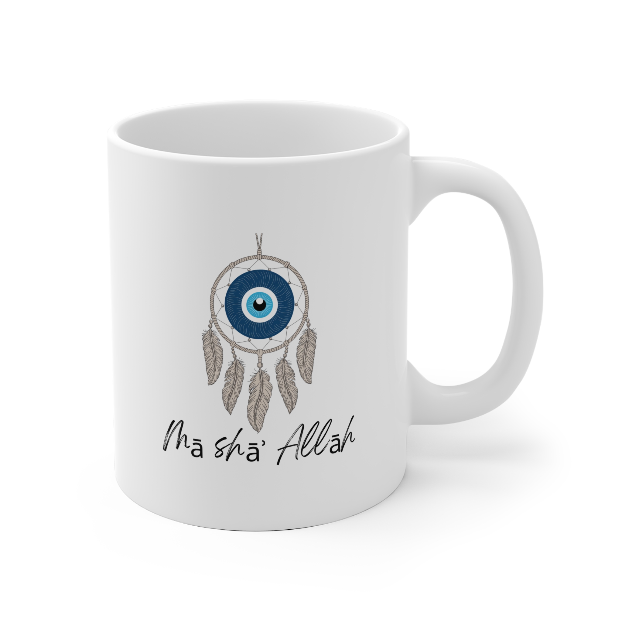 Weiße Keramiktasse mit Nazar-Auge-Motiv und Federdetails