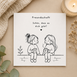 Freundschaftskarte mit zwei Mädchen auf einer Mauer, Spruch "Freundschaft. Schön, dass es dich gibt!", 15x15cm