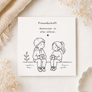 Freundschaftskarte mit zwei Kindern auf einer Mauer, Spruch "Freundschaft. Gemeinsam ist alles schöner.", 15x15cm