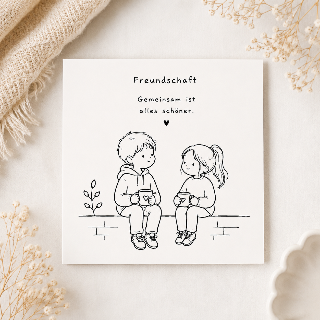 Freundschaftskarte mit zwei Kindern auf einer Mauer, Spruch "Freundschaft. Gemeinsam ist alles schöner.", 15x15cm
