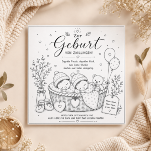 Glückwunschkarte zur Geburt von Zwillingsjungen mit zwei schlafenden Babys im Körbchen, Spruch "Zur Geburt von Zwillingen! Doppelte Freude, doppeltes Glück", 15x15cm