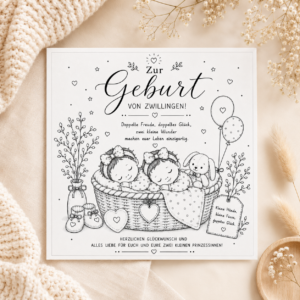 Glückwunschkarte zur Geburt von Zwillingsmädchen mit zwei schlafenden Babys im Körbchen, Spruch "Zur Geburt von Zwillingen! Doppelte Freude, doppeltes Glück", 15x15cm