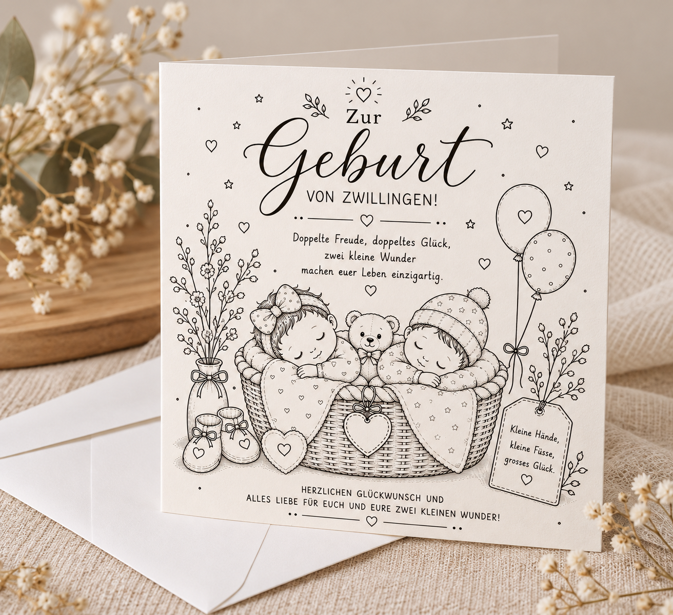 Glückwunschkarte, Zwillinge, Faltkarte, quadratisch