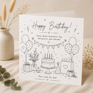 Geburtstagskarte mit Torte, Geschenken und Girlande, Schriftzug Happy Birthday