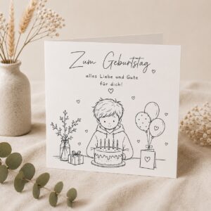 Geburtstagskarte mit Junge vor Geburtstagstorte, Schriftzug Zum Geburtstag
