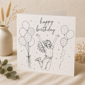 Geburtstagskarte mit handgezeichnetem Mädchen und Luftballons, Schriftzug Happy Birthday
