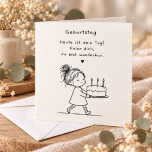 Glückwunschkarte, Geburtstag, Mädchen mit Torte, Faltkarte, quadratisch