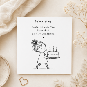 Geburtstagskarte mit Mädchen und Torte, Spruch "Geburtstag. Heute ist dein Tag! Feier dich, du bist wunderbar.", 15x15cm