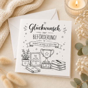 Glückwunsch zur Beförderung – quadratische Grußkarte mit schwarzer Illustration, weißem Umschlag