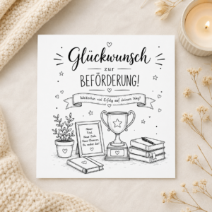 Glückwunschkarte zur Beförderung mit Pokal, Büchern und Spruch "Glückwunsch zur Beförderung! Weiterhin viel Erfolg auf deinem Weg!", 15x15cm