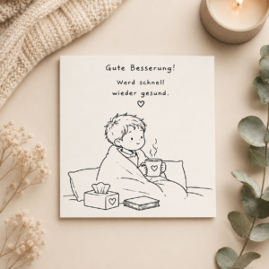 Gute-Besserung-Karte mit Junge im Bett mit Tasse, Buch und Taschentüchern, Spruch "Gute Besserung! Werd schnell wieder gesund.", 15x15cm