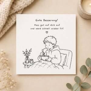 Gute-Besserung-Karte mit Junge im Bett bei Suppe, Spruch "Gute Besserung! Pass gut auf dich auf", 15x15cm