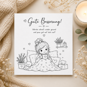 Gute-Besserung-Karte mit Mädchen im Bett mit Teddybär und Tasse, Spruch "Gute Besserung! Werde schnell wieder gesund", 15x15cm