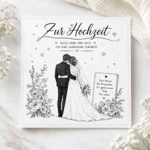 Hochzeitskarte "Zur Hochzeit" mit Brautpaar-Illustration und Blumenmotiv, 15x15cm