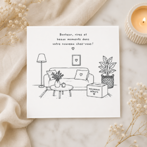 Umzugskarte auf Französisch mit Wohnzimmer-Illustration und Spruch "Bonheur, rires et beaux moments", 15x15cm